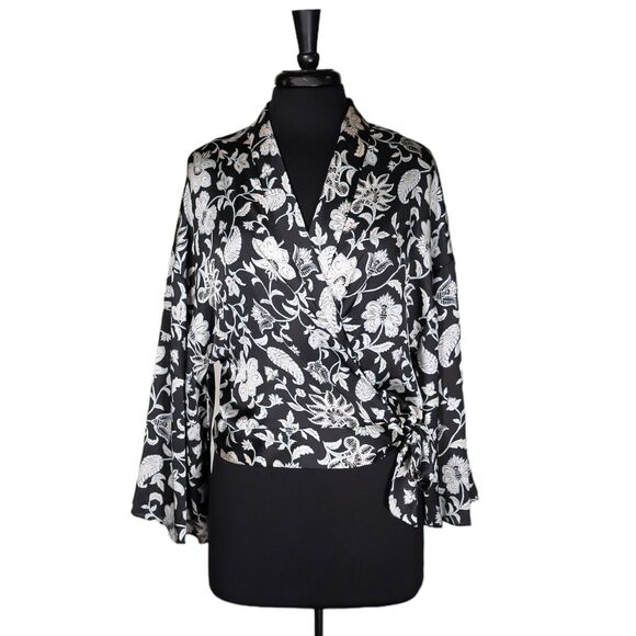 Zara Women's Blouse Black Floral V-Neck Wrap Side Tie Bell Sleeve Shirt Top M - Picture 1 of 10